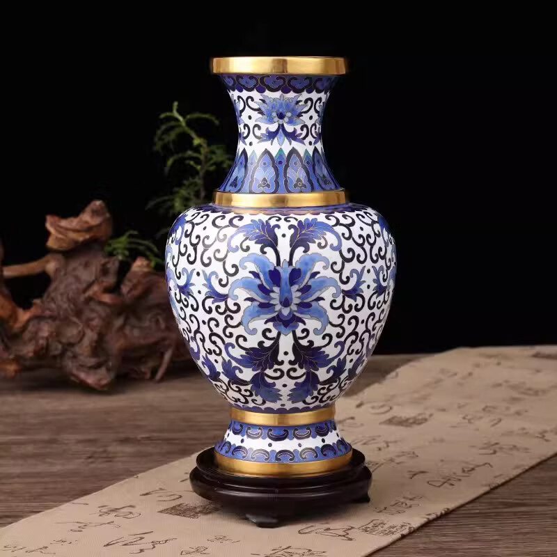 千德骏景泰蓝花瓶新中式家居装饰 收藏工艺品与乔迁礼品 十寸磊青花色【净高约】 25cm