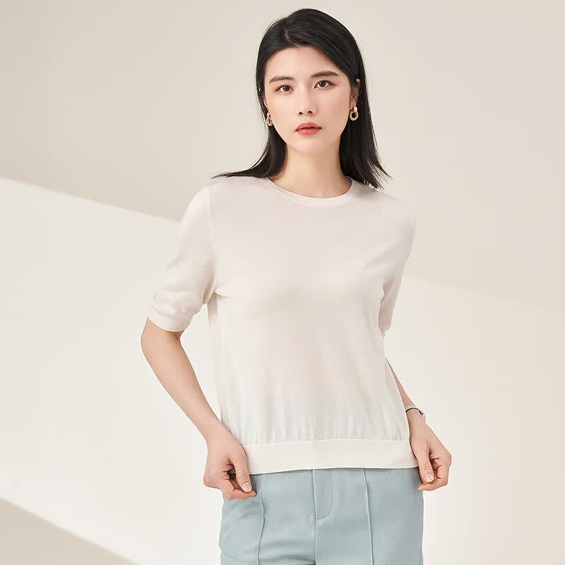 恒源祥短袖针织t恤女装简约圆领夏季纯色套头半袖针织衫桑蚕丝上衣ins 浅豆绿 M /165/88A