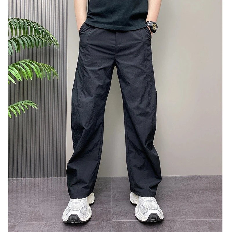 美式速干冰丝运动裤子男款宽松直筒2025夏季薄款休闲哈伦阔腿长裤 黑色 XL 【建议140-160斤】