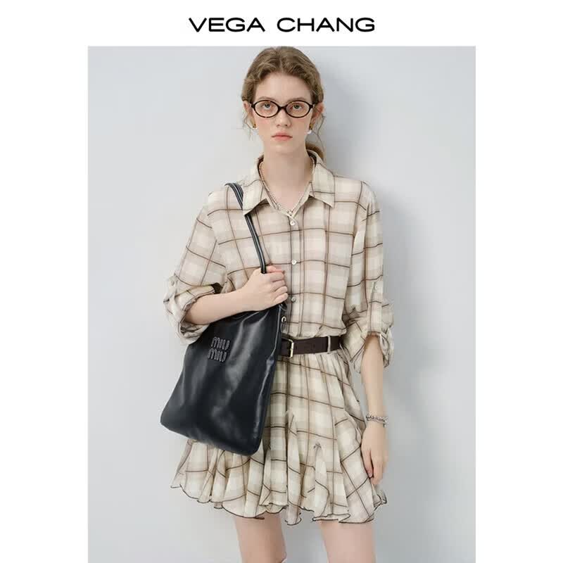 VEGA CHANG衬衫连衣裙女2026新款夏度假风小个子复古翻领格纹短裙 卡其色格纹（短款） M