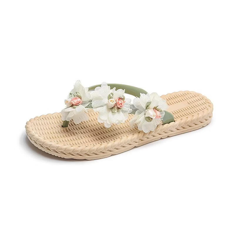 布花花朵人字拖鞋女士夏季外穿凉拖鞋防滑平底夹脚沙滩鞋女 杏色 36-37 码