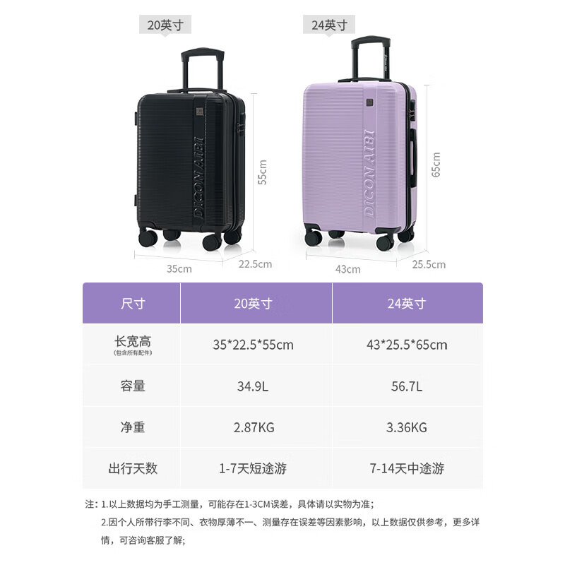 迪肯艾比行李箱20英寸登机箱可上飞机免托运轻便万向轮密码箱 紫色 24英寸