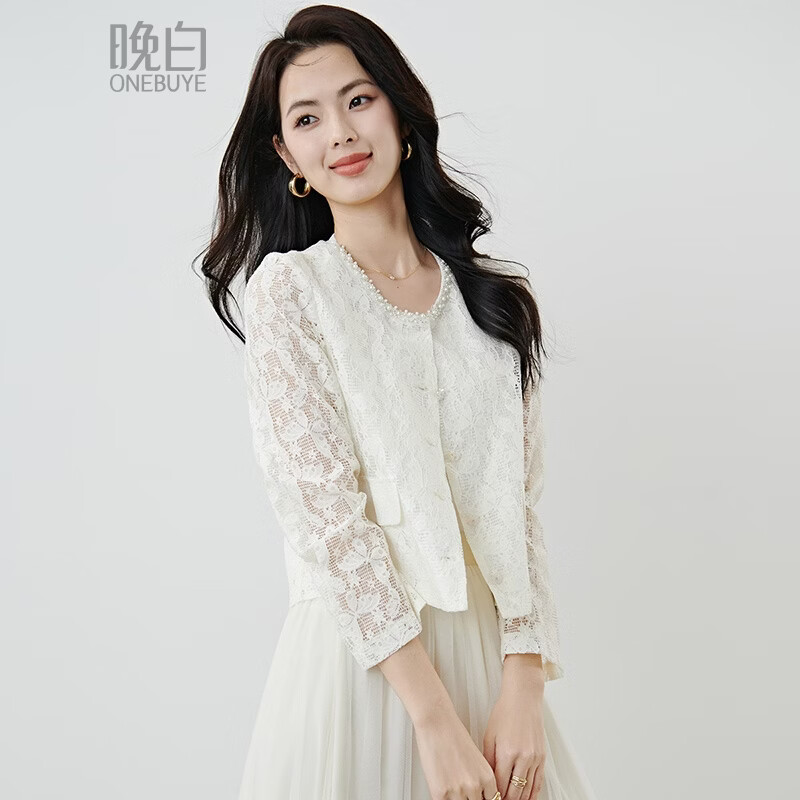 晚白2026年春款时尚钉珠圆领正肩小香风上衣轻奢法式蕾丝花纹短外套女 杏色 XL