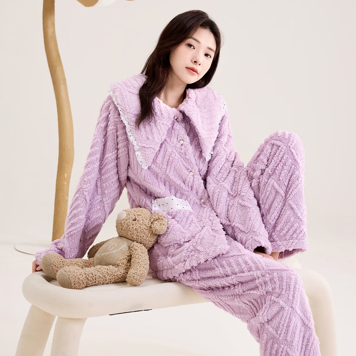 玛伦萨（manza）珊瑚绒睡衣女秋冬季新款公主风加绒加厚双面保暖女士家居服套装 樱花粉 M