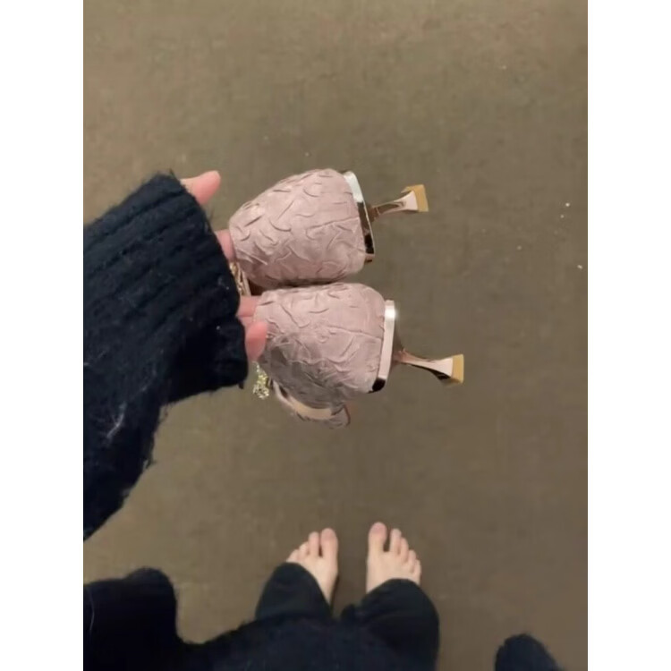 气质百搭高跟鞋女春秋水钻尖头细跟伴娘鞋日常单鞋 杏色 35