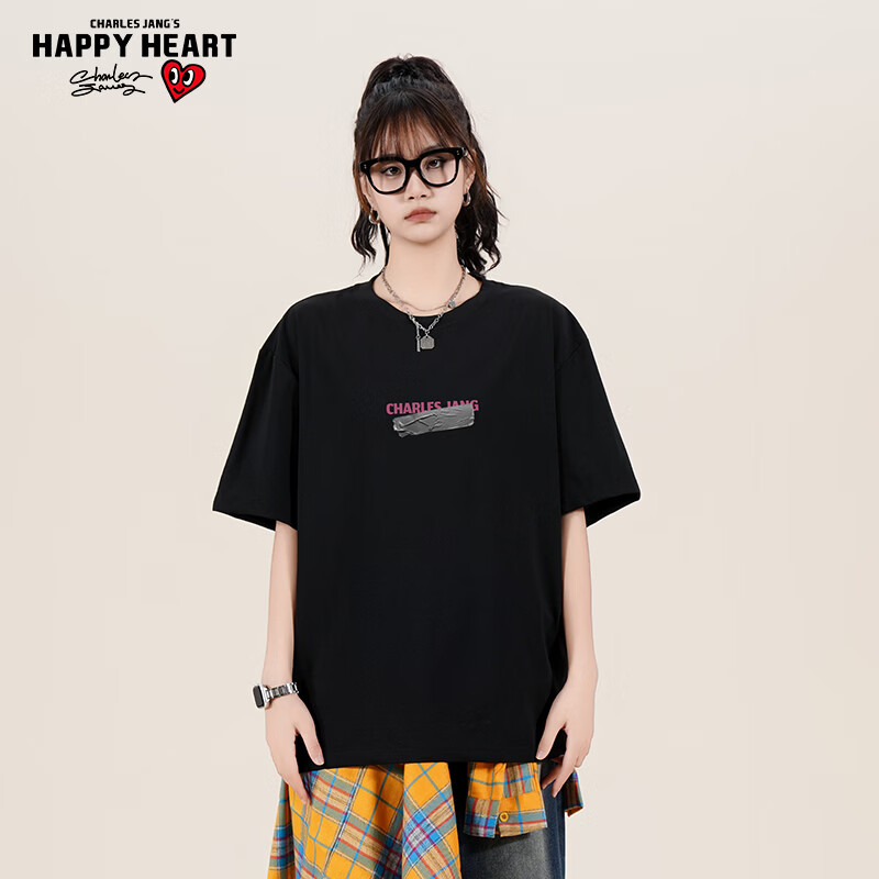 查尔斯桃心 夏季简约LOGO字母美式休闲宽松百搭潮流薄款透气短袖T恤男女同款 黑色 S