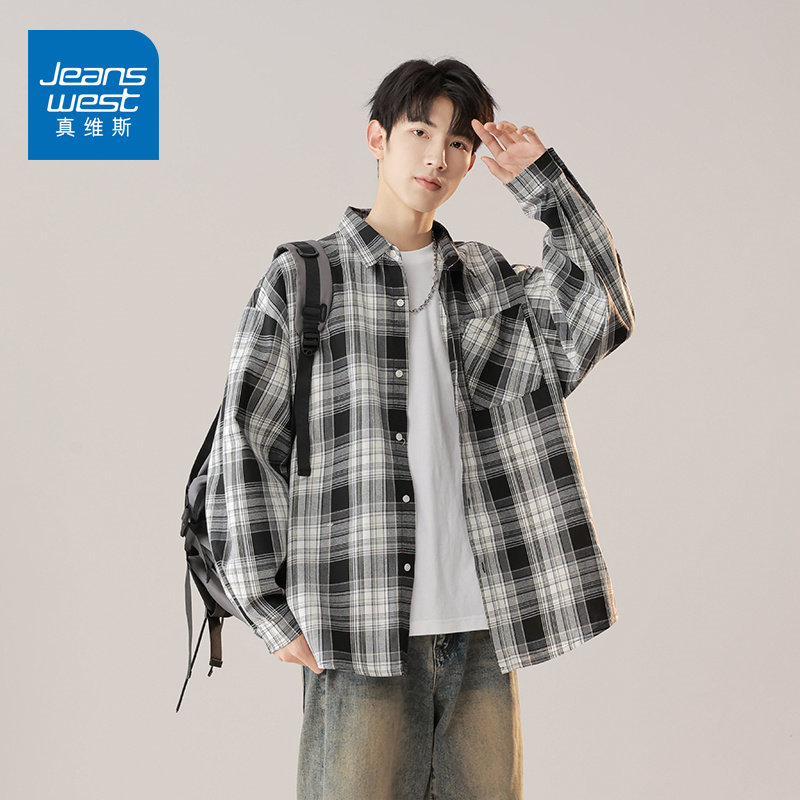 真维斯（Jeanswest）2026春季新款美式格子衬衫男士宽松休闲衬衣外套男生休闲长袖上衣 黑色 【春季新品】 S 【建议90-115斤】