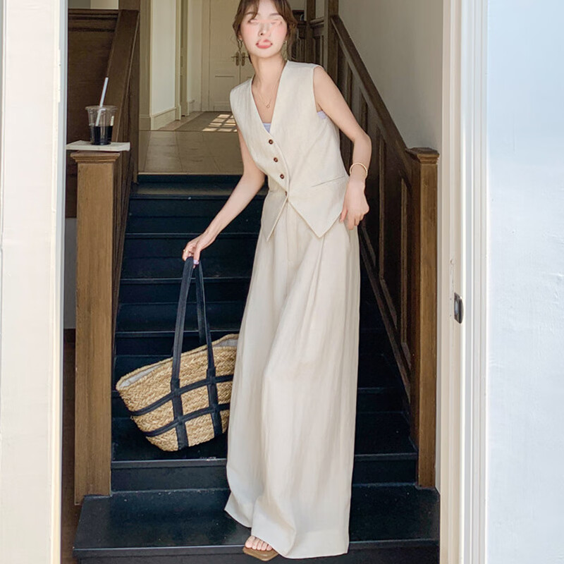 心楠两件套老钱风亚麻西装马甲阔腿女装2026夏季薄款透气高级感套装 马甲+长裤米白色【S码：建议85-100斤】