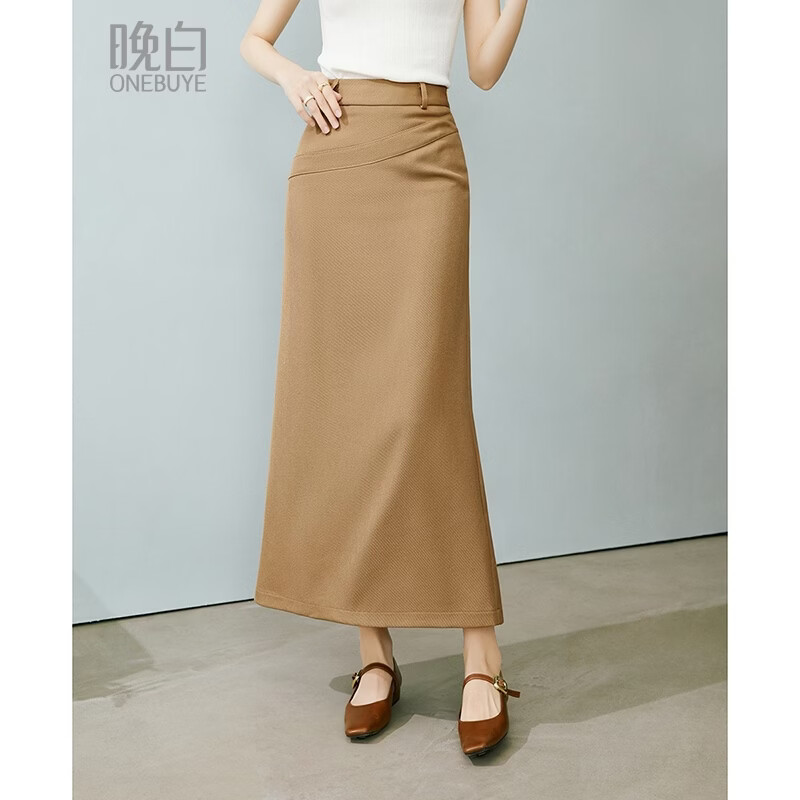 晚白【新品】2026春款知性直筒裙高腰修身气质干练通勤半身裙 驼色 L