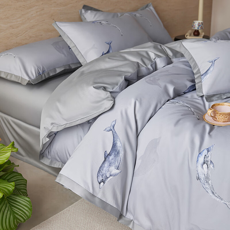 ROLAND LIVE春夏裸睡全棉长绒棉四件套1.8米床被套床单亲肤透气床上用品套件 QDS 长绒棉四件套-海豚浅湾 1.5米床 床单款 【被套200*230cm】