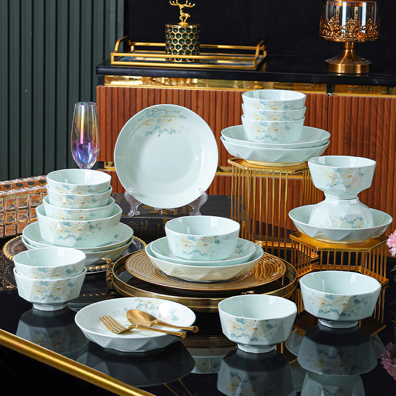 句途影青语茉花开碗家用陶瓷米饭碗菜盘子加厚防烫国潮风餐具 影青语茉花开 2个8英寸大汤碗