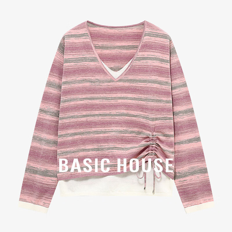 Basic House/百家好条纹假两件针织衫女v领抽绳温柔风长袖上衣春 樱花粉 M