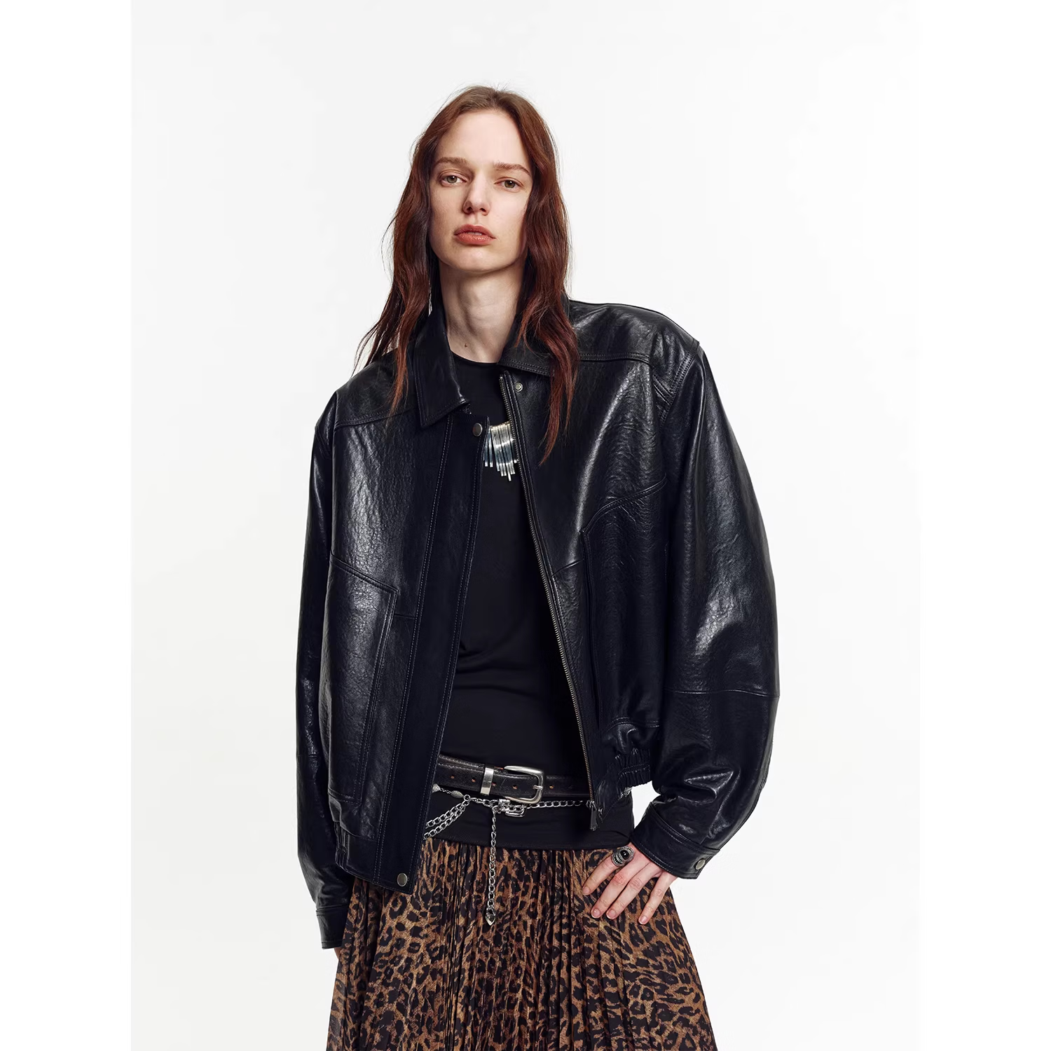 付智恩 时髦录客 进口油蜡绵羊皮真皮皮衣复古工装松紧夹克外套女新款 黑色. 独特泡泡肌理植鞣绵羊皮 S