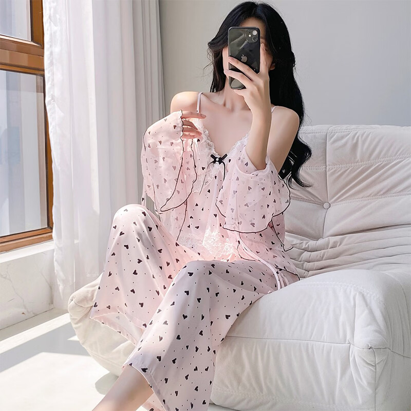 KJ睡衣女性感甜美冰丝吊带2026新款夏季纯欲带胸垫三件套家居服 粉色爱心【三件套】 L 【100-120斤】