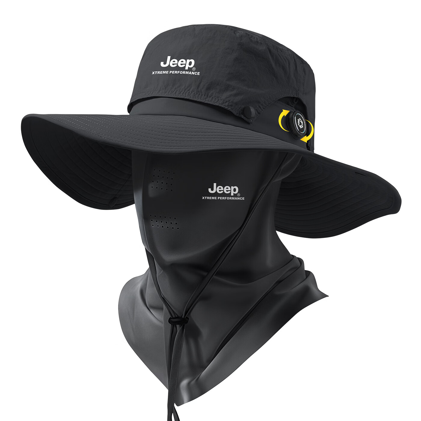 JEEP男士夏季出行透气防晒帽登山遮阳帽户外钓鱼帽大帽檐渔夫帽子男 黑色三件套【帽子+面罩+手袖】送墨镜 均码 【可旋钮调节】