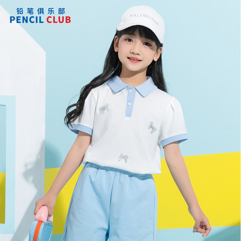 铅笔俱乐部童装2026夏装新品女童T恤中大童翻领短袖儿童撞色POLO上衣 天蓝 120 120cm