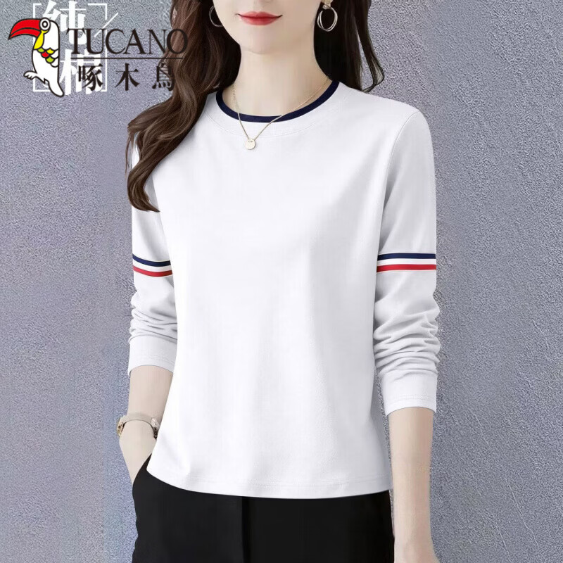 啄木鸟（TUCANO）新款印花长袖T恤舒适显瘦假两件圆领打底衫春秋新款慵懒风通勤女 纯白 L 建议100-110斤 京东折扣/优惠券