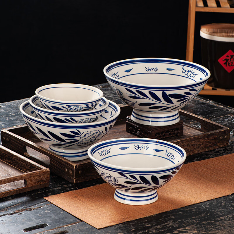 溥畔大号拉面碗复古手绘陕西老关中陶瓷大碗油泼面碗商用高脚碗汤面碗 手绘青花+10英寸秦海碗