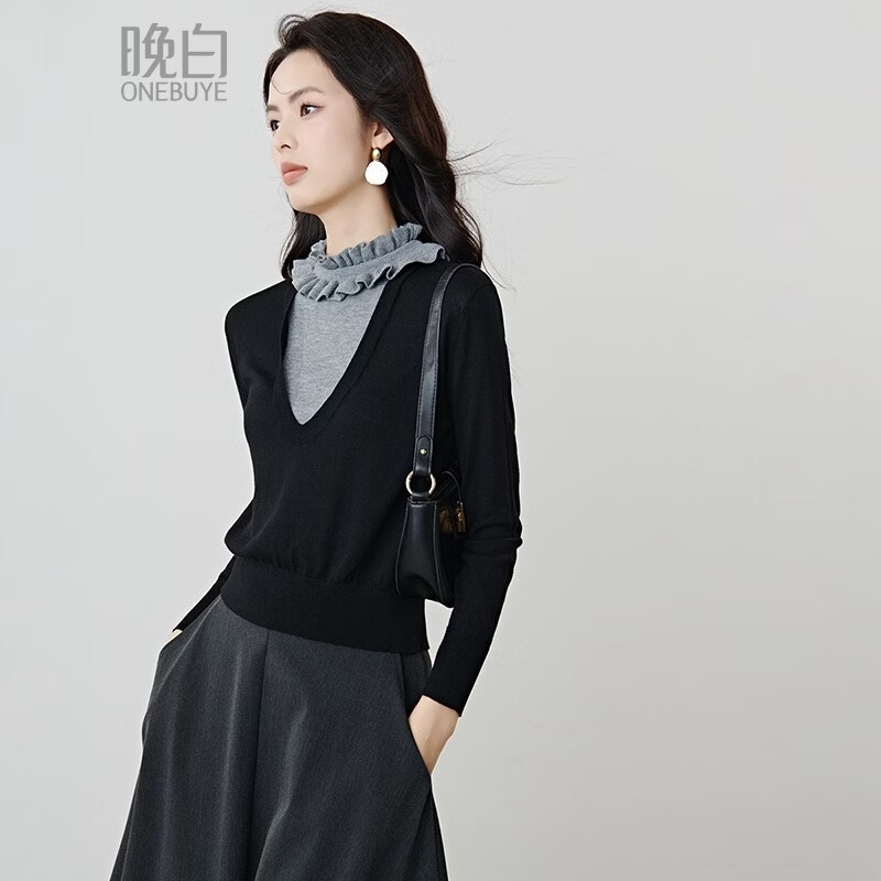 晚白2026年春款时尚撞色拼接假两件立体花边领上衣显瘦轻薄针织衫女 黑色 S