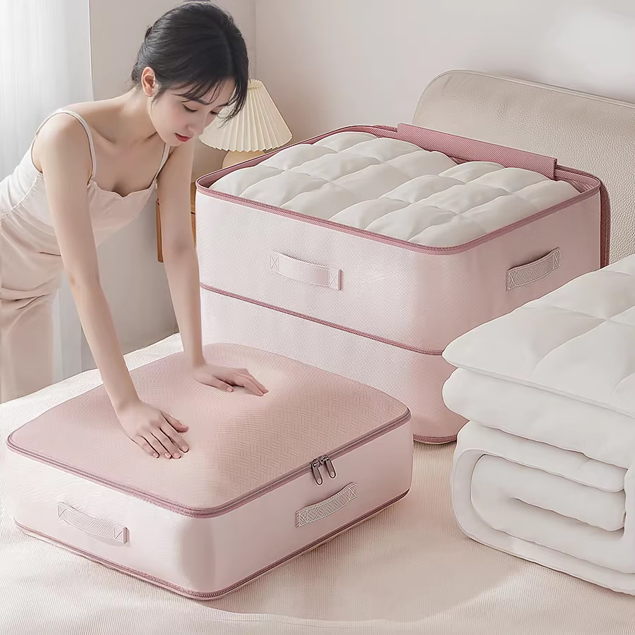吱凡日本被子收纳袋羽绒服专用收纳袋大容量棉被衣服防潮压缩整理袋子 【加大号】豆沙粉【可装12斤被子或20件羽绒服】 【1个装】0异味