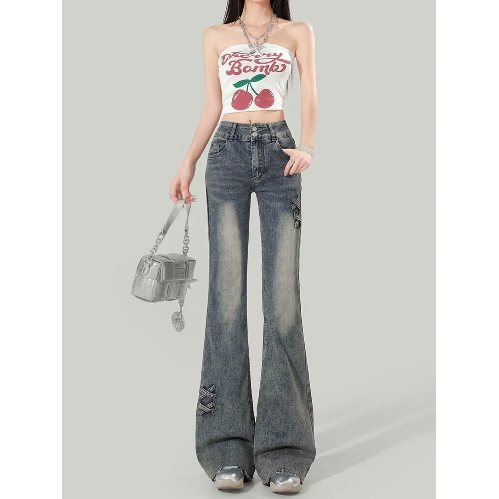 蝴蝶曼复古刺绣微喇牛仔裤女2026春夏季新款高腰弹力修身显瘦微喇裤子 蓝色 L 【105-115斤】