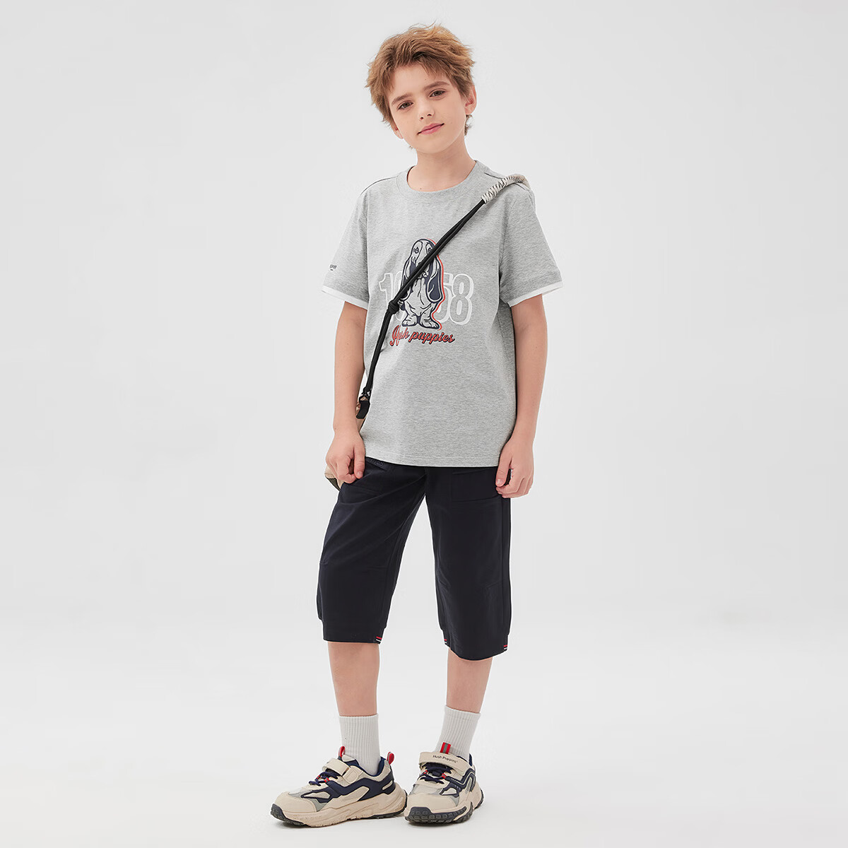 暇步士（Hush Puppies）童装儿童男女童2026春夏新款针织净色假两件圆领衫T恤 花灰 160 cm