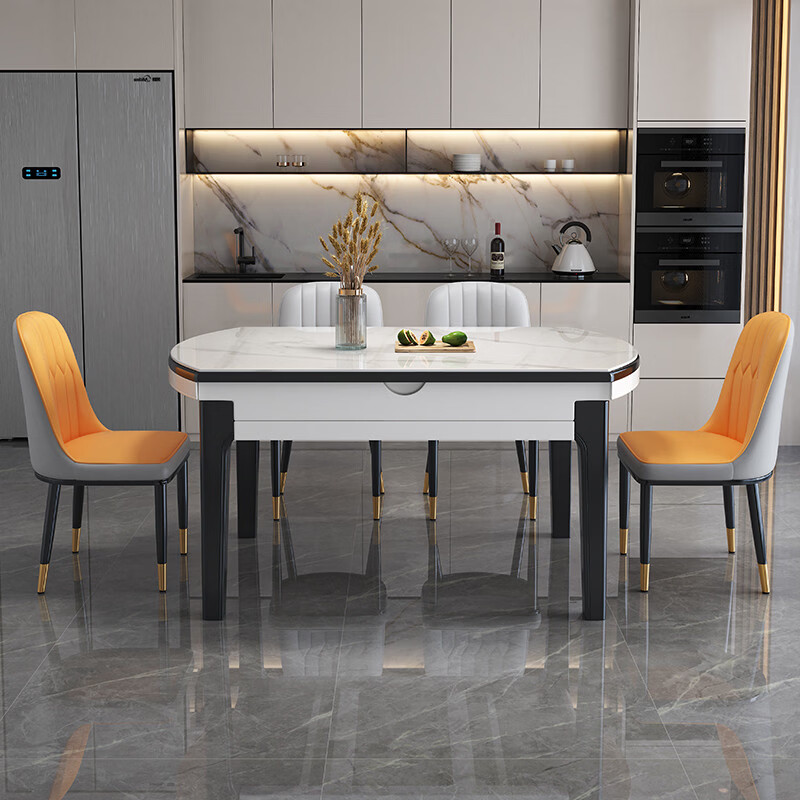 溥畔现代简约轻奢岩板餐桌椅组合 小户型伸缩餐桌 实木架防刮耐磨餐桌 1桌10太空椅[电磁炉12MM岩板]全国联保 75cm 150x90x75cm