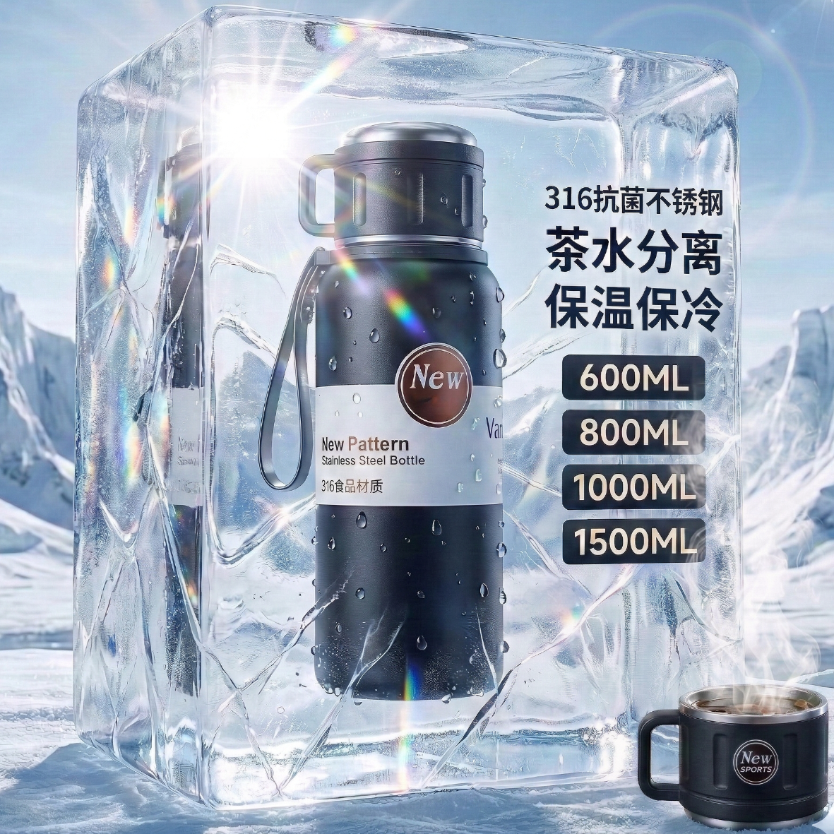 慕馨(moosen)保温杯男款大容量316不锈钢学生保冷水杯茶水分离泡茶杯子便携壶 黑600ml-保温保冷+杯套杯刷