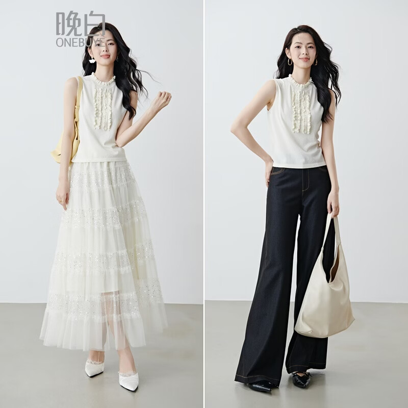 晚白2026年春款时尚温柔米杏色立体花边领叠穿神器舒适弹力针织背心女 米杏色 S