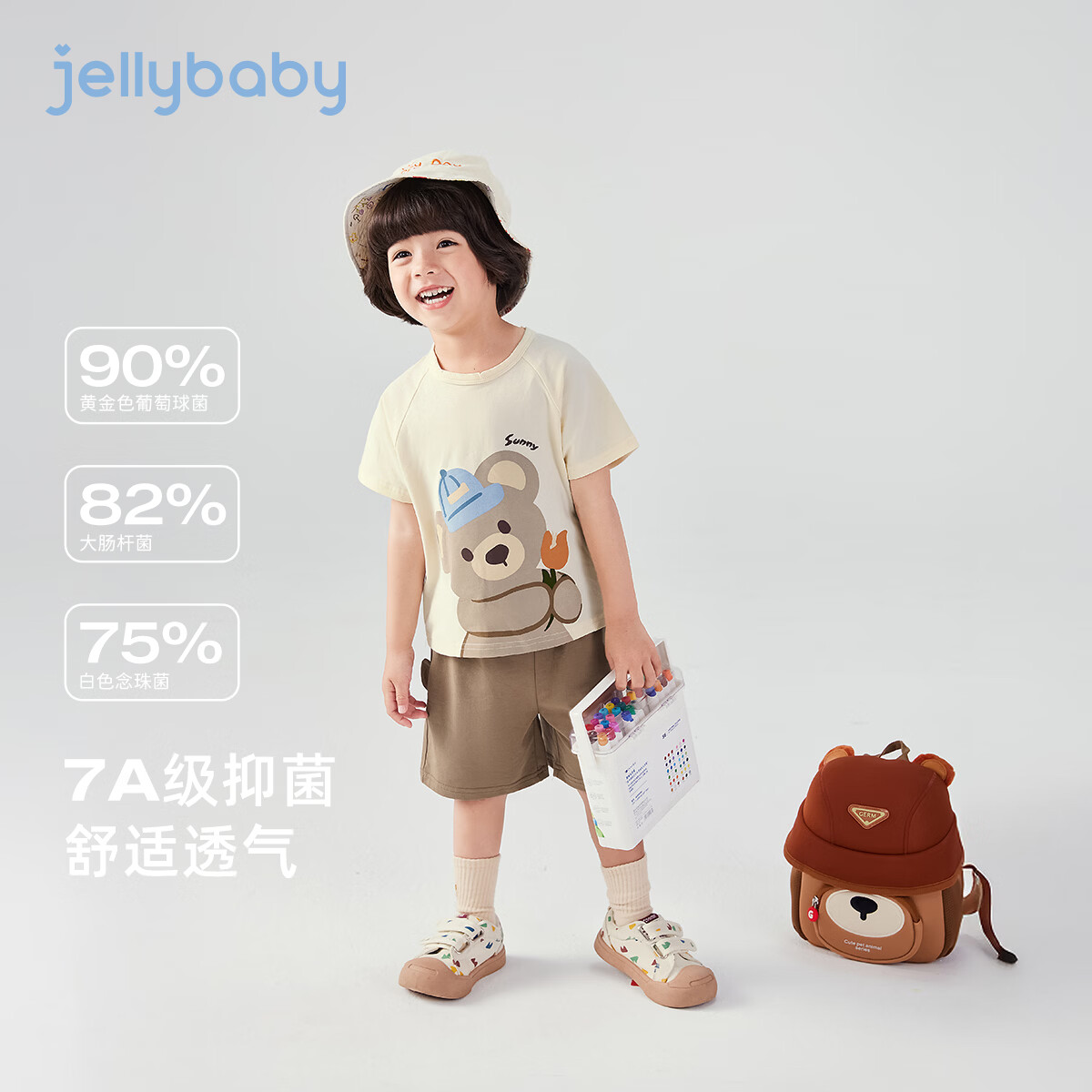 JELLYBABY【小熊卡通两件套】25年新品夏季男童婴幼T恤短裤套装可爱透气 蓝色 100