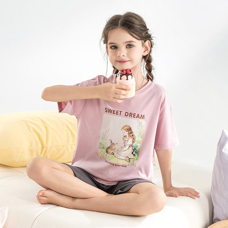 英博伦女童睡衣100%纯棉中大童女孩家居服夏季薄款全棉短袖短裤套 21094粉色 110