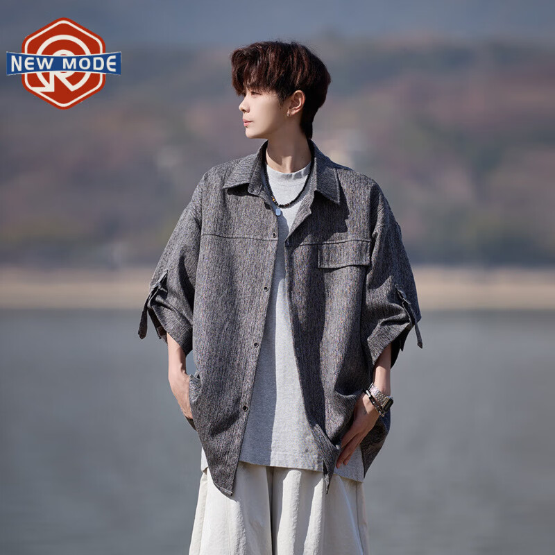 NEW OR MODE美式复古工装短袖衬衫男夏季新款宽松大码痞帅高级感休闲翻领外套 深灰色【高品质】 M 【建议90-110斤】