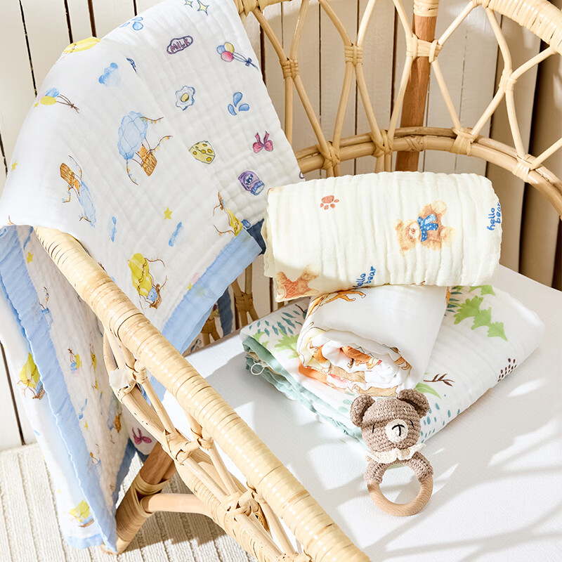 班杰威尔(Banjvall)宝宝浴巾6层纱布快速吸水新生儿浴袍包巾盖毯儿童洗澡巾大毛巾 热气球蓝 110*102cm