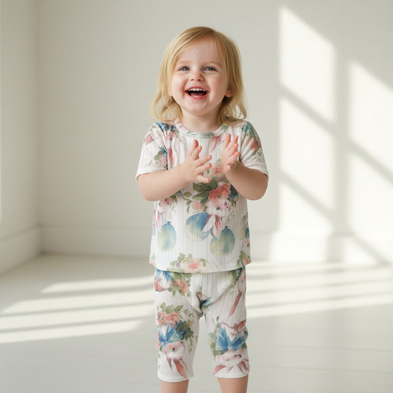 小猪大卫 PECODAVID小猪大卫儿童七分套夏季纯棉A类男女宝宝居家服薄款短袖短裤套装 花园小兔 100