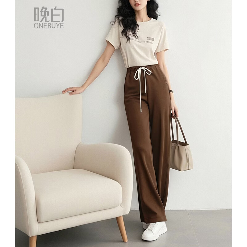晚白【断码清仓】2026年春季款时尚气质裤子百搭宽松直筒阔腿休闲裤女 咖色 S