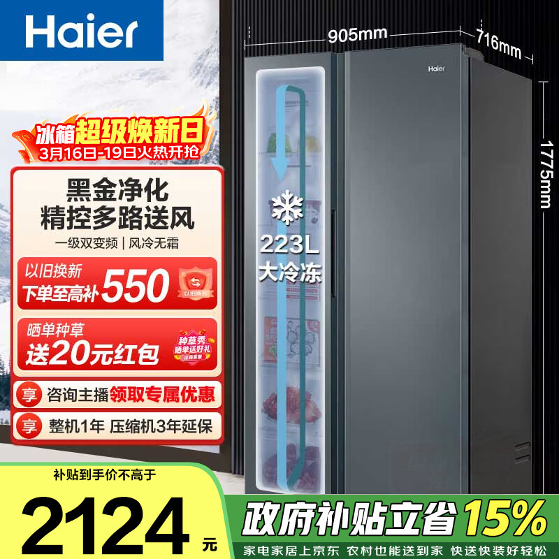 海尔（Haier）盛宴 616升对开门冰箱黑金净化一级双变频精控多路送风超大容量BCD-616WGHSSEDC9政府补贴15% 616L对开|黑金净化