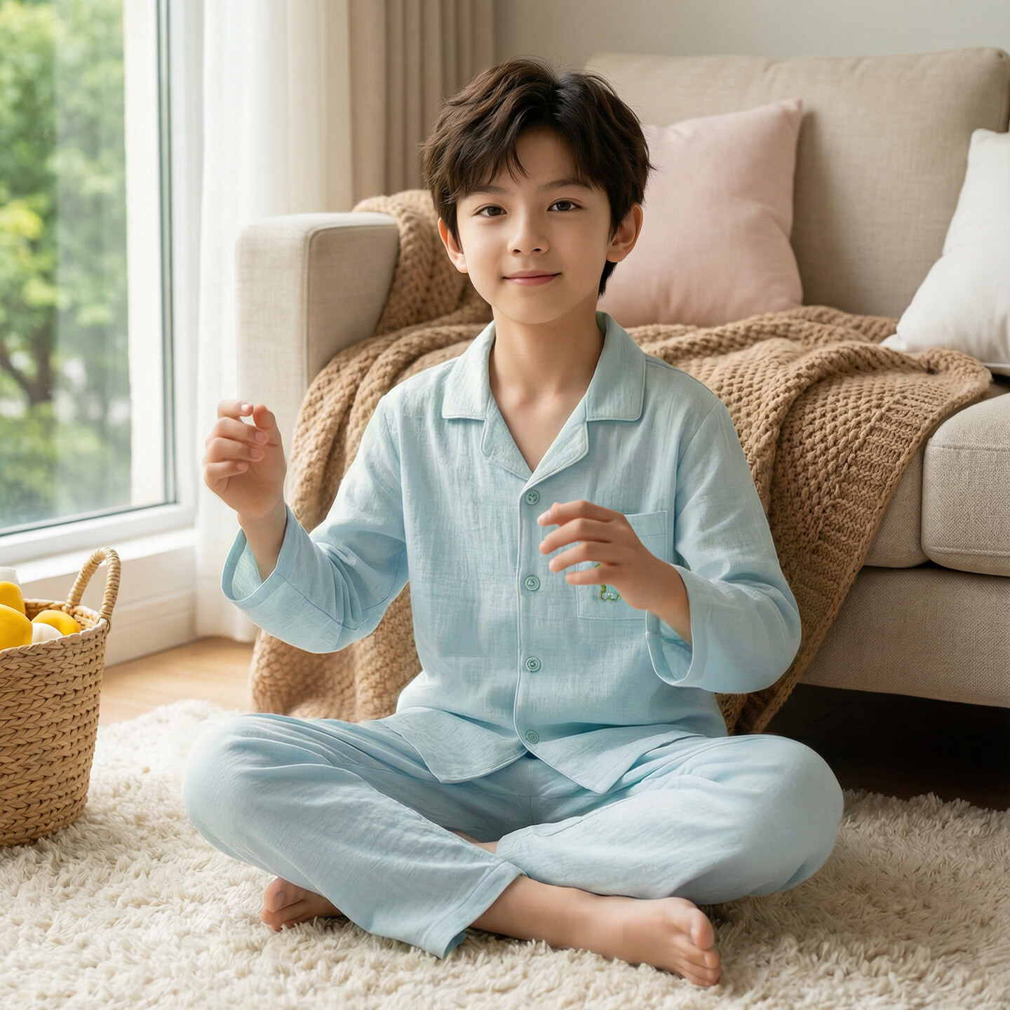 猫人儿童睡衣长袖开衫家居服套装男童女童春秋款中大童可外穿睡衣 云朵蓝 120