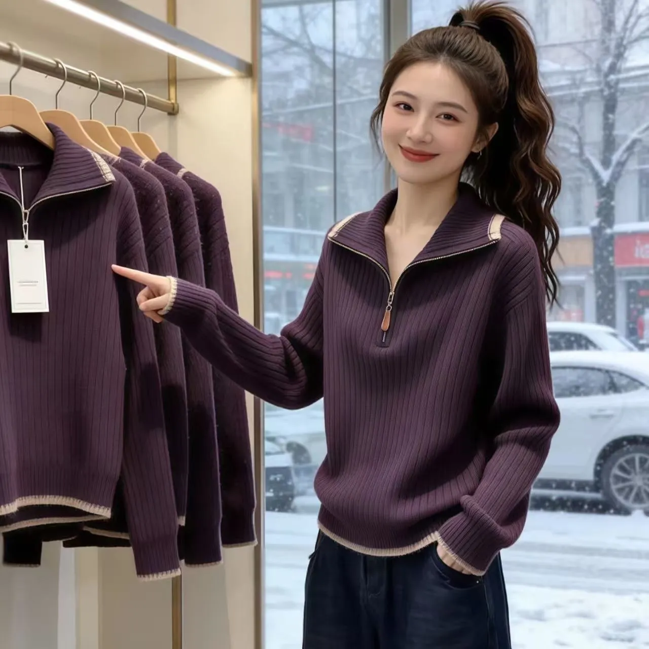 高级感慵懒韩系简约休闲减龄小众翻领针织衫新款显瘦百搭上衣 紫色【商场同款】 2XL 【建议120-130斤】