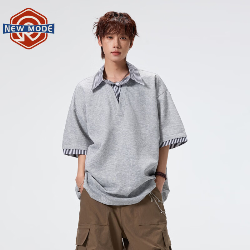 NEW OR MODE条纹拼接假两件短袖t恤男夏季新款宽松重磅学院风休闲半袖polo衫 灰色【高品质】 M 【建议90-110斤】