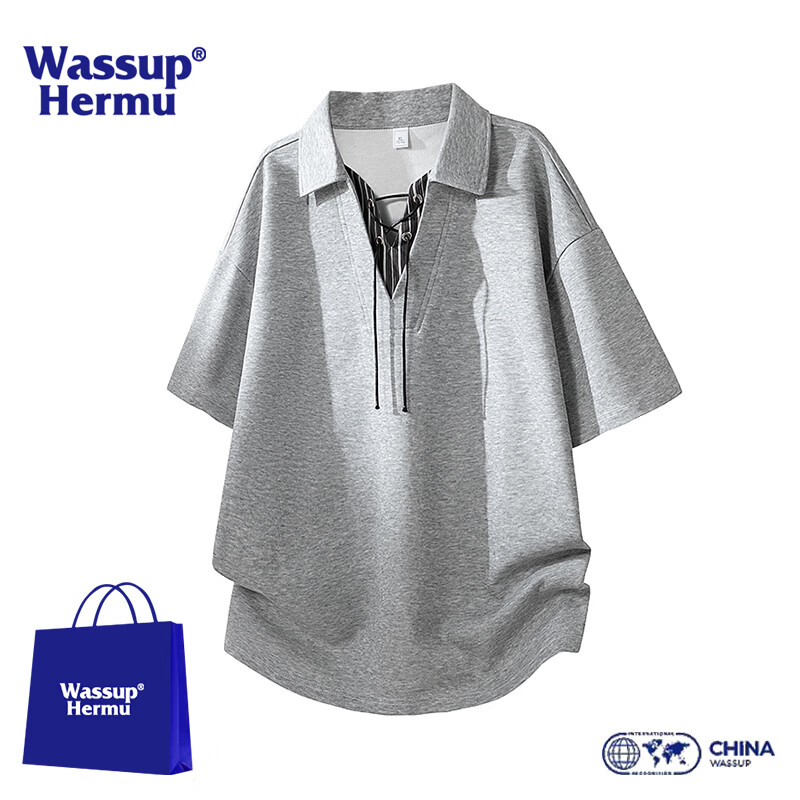 WASSUP HERMU官方短袖套装男夏季松弛慵懒风T恤拼接系带V领假两件装休闲POLO衫 麻灰上衣 XL （推荐120-140斤）