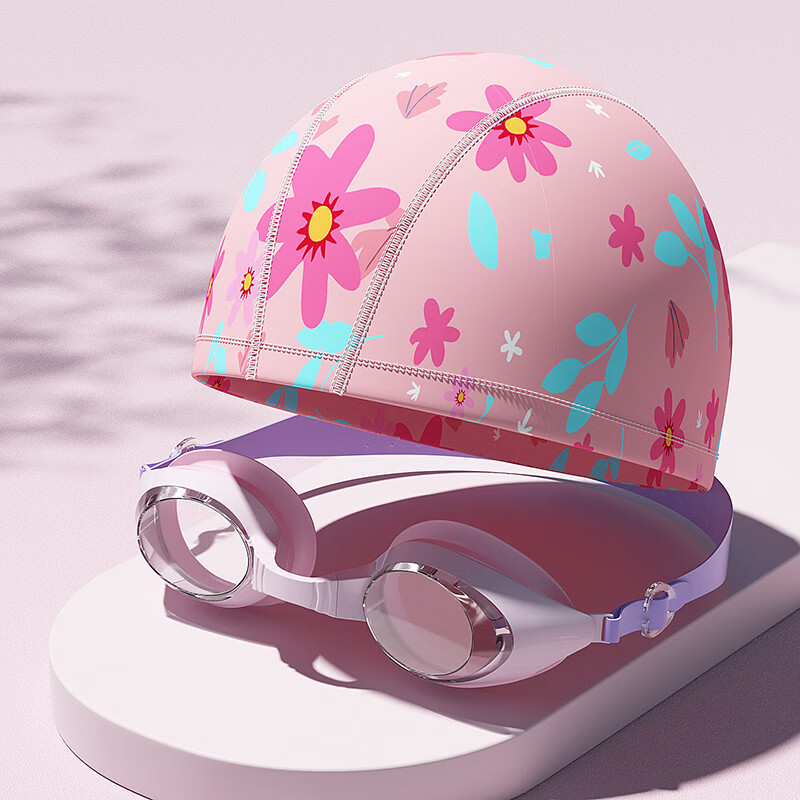 AILUKI日本儿童泳帽不勒头男童女童游泳帽专业舒适硅胶长发宝宝护耳帽子 樱花粉+泳镜【赠镜盒+耳塞】