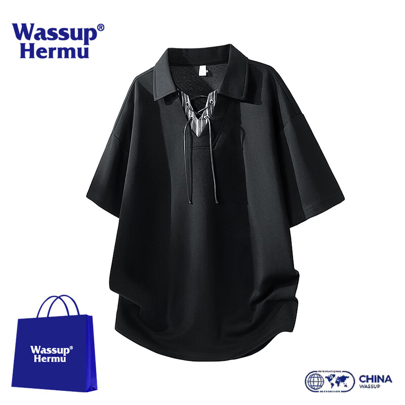 WASSUP HERMU官方短袖套装男夏季松弛慵懒风T恤拼接系带V领假两件装休闲POLO衫 黑色上衣 M （推荐80-100斤）