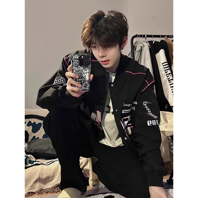 DEREJERINEcleanfit棒球服男款秋季美式复古短款外套潮牌欧美街头赛车服夹克 黑色 S 90-100斤