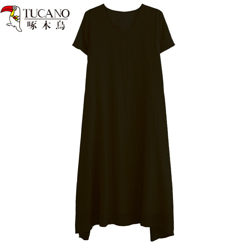 啄木鸟（TUCANO）2026夏季女装新款时尚中年妈妈胖mm裙子宽松大码黑色雪纺洋装夏 黑色(圆领)短袖 XL 约171-184斤