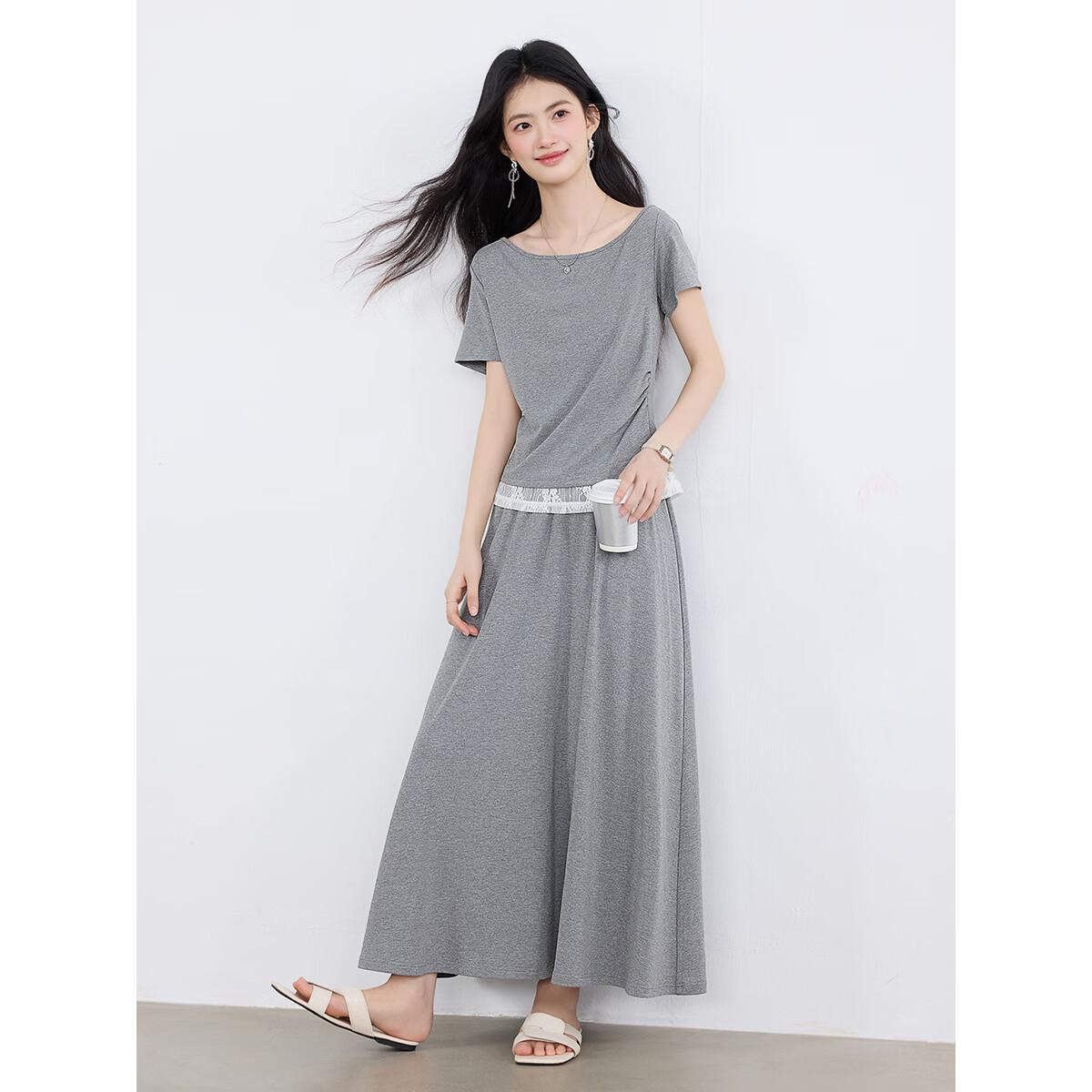 尚静文艺风休闲套装女2026夏季新款蕾丝拼接圆领T恤女百搭半裙两件套 高质灰 XL