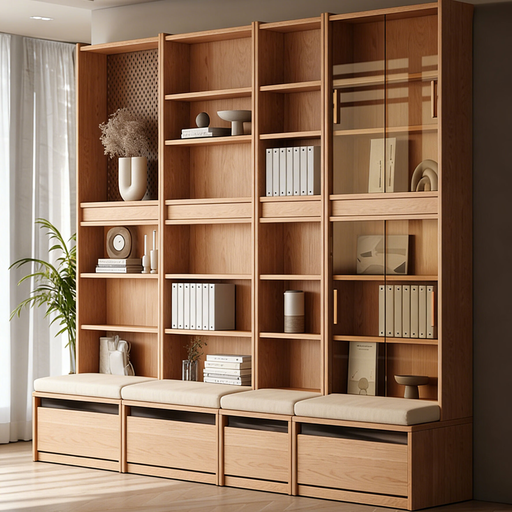 宜美芬 EMAYFUN全实木书柜简约橡木带玻璃门书架组合健康环保书房置物架展示柜 可定制封边板