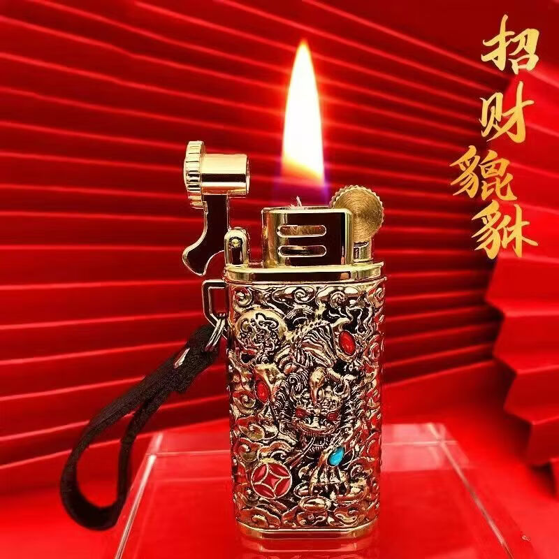 首领正品煤油打火机招财貔貅浮雕国潮防风砂轮高档爸爸生日礼物男士潮 金色【礼盒装】 豪华版【送火石棉芯+133毫升煤油】 京东折扣/优惠券