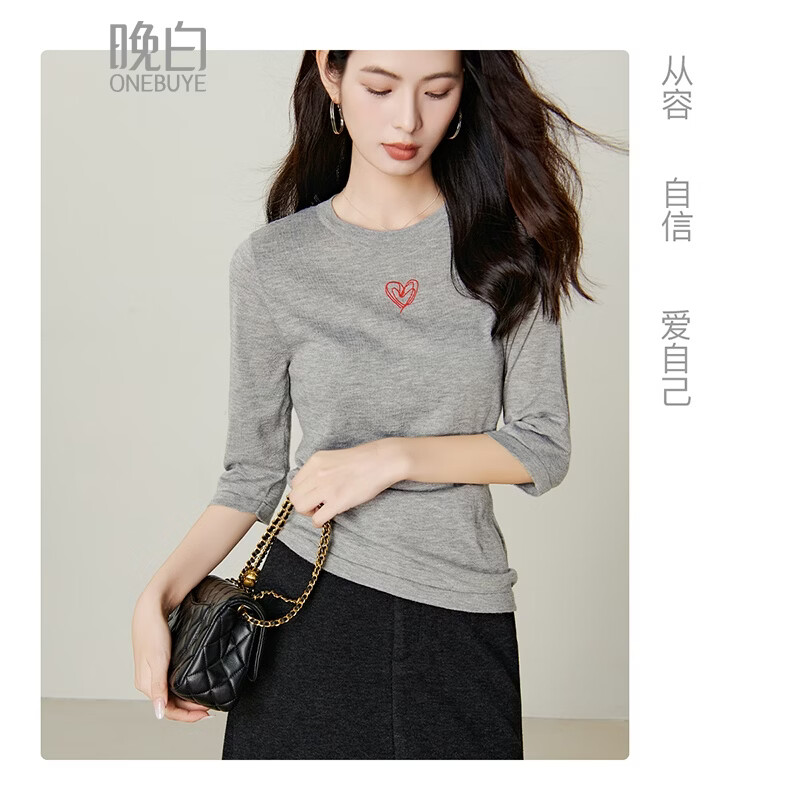 晚白【新品】2026春款经典格雷灰中袖毛衣亲肤柔软舒适针织衫女 灰色 L