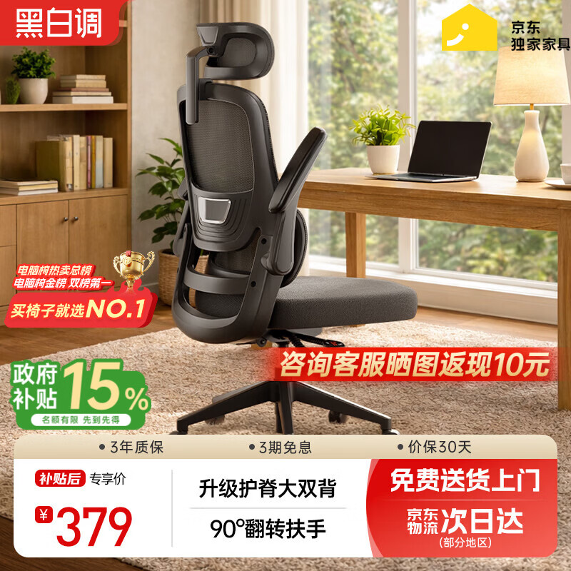 黑白调P1二代 人体工学椅电脑电竞椅子人工力学座椅办公椅 双背联动扶手