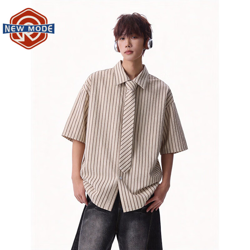 NEW OR MODE美式条纹领带短袖衬衫男士夏季新款潮牌撞色宽松休闲翻领衬衣外套 卡其色【高品质】 M 【建议90-110斤】